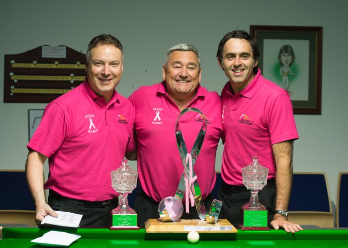 Darryl Walker, Paul Mount and Ronnie, with the trophies, after the Pink Ribbon 2015 Final