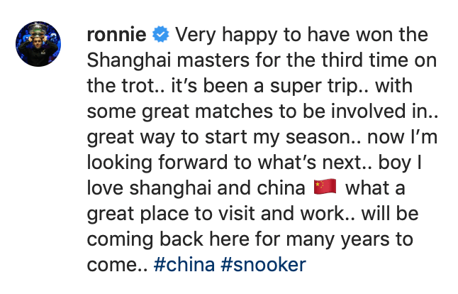 Shanghai Masters 2019 - Ronnie delight Instagram