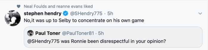 Hendry about "disrespect" from Ronnie WC2020 SF