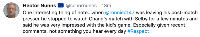 Hector Nunns tweet 14.10.2020 - Ronnie about Chang Bingyu