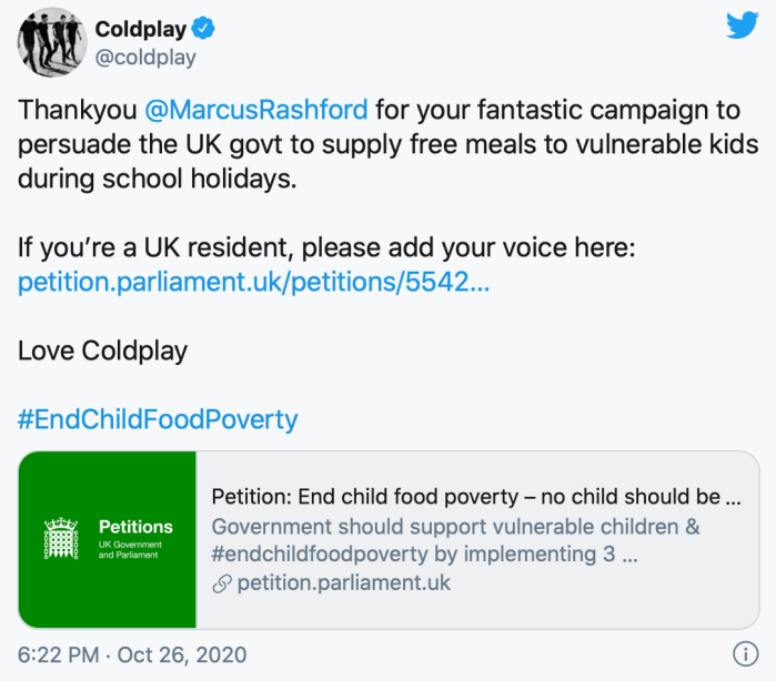 Tweet coldplay support Marcus Rashford