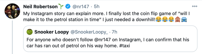 Neil Robertson out of petrol