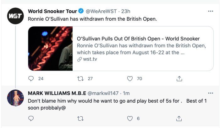 WilloreactionRosBritishOpen Withdrawal