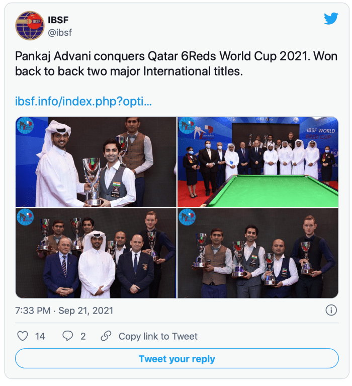 IBSF twitter - Advani wins 2021 6-reds Champs